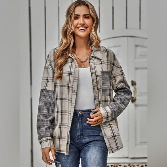 Oversized Plaid Neutral Mixed Pattern Button Down Patchwork Shirt - Picture 3 of 9